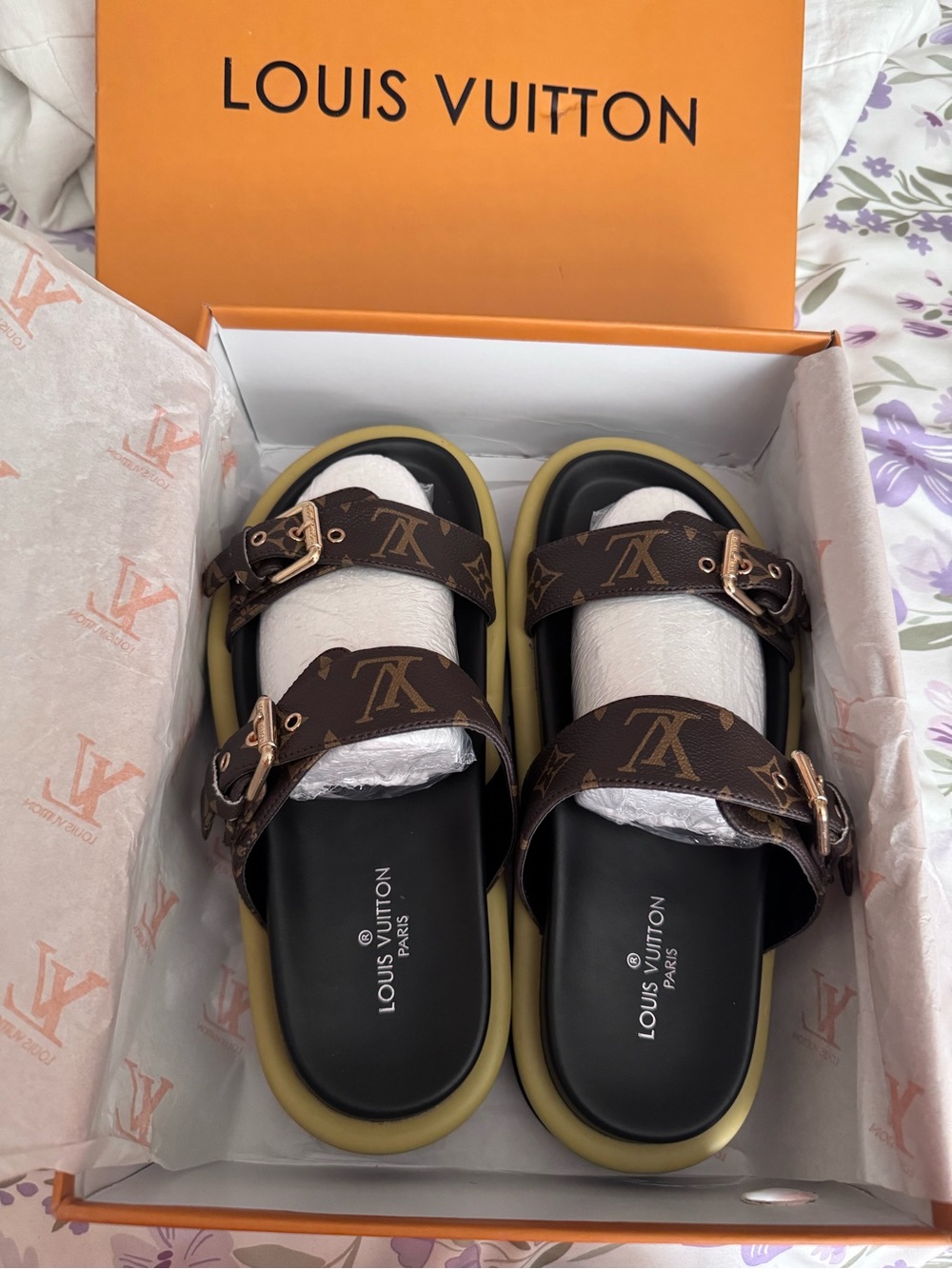Louis Vuitton Brown Monogram Double-Strap Slide Sandals with Gold Buckles - Picture 2 of 5